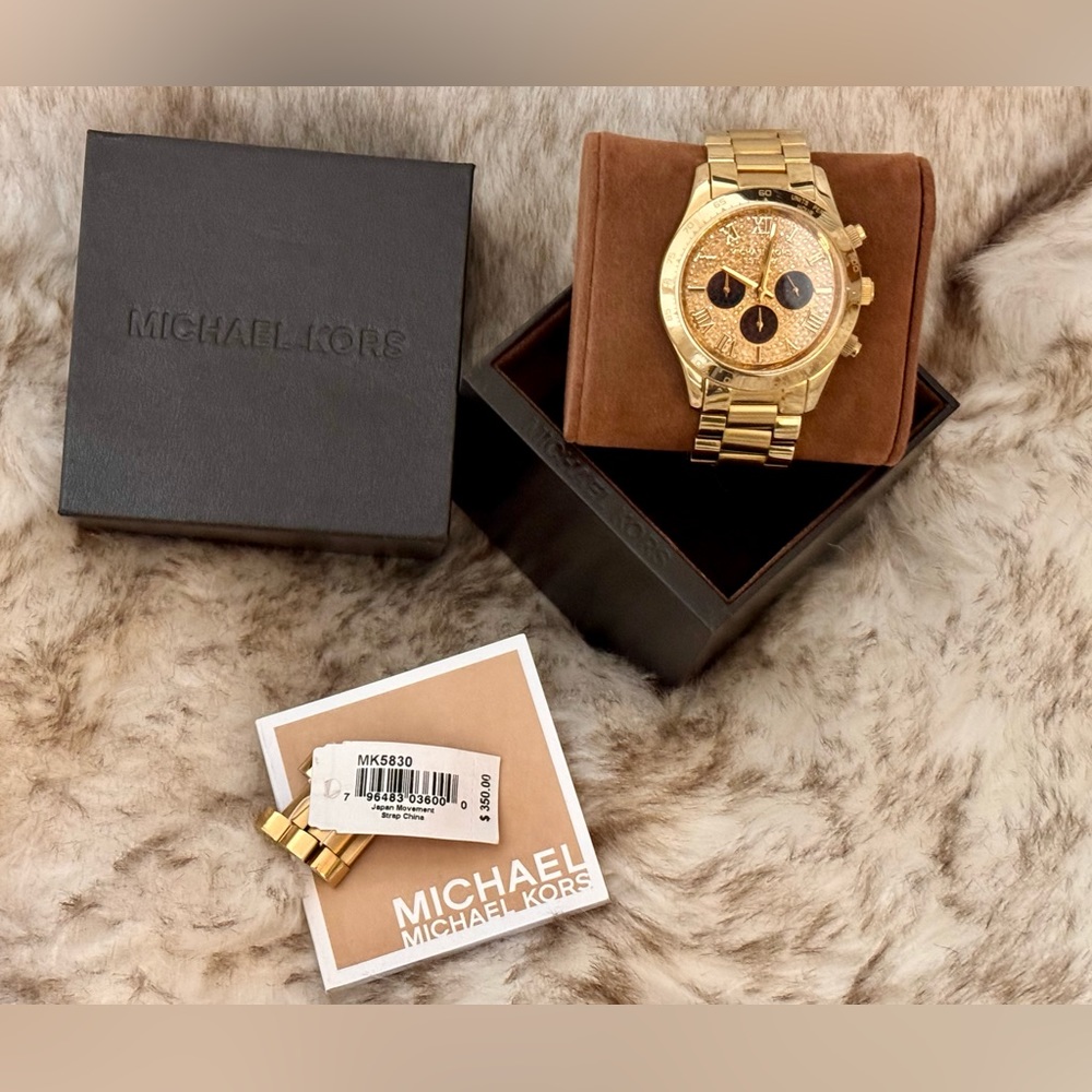 Michael Kors • Layton Glitz • Over Sized Gold Watch • Crystal Face • MK5830